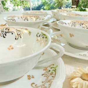 6 Limoges Porcelain Art Coffee Cups, White Cups with Gold Arabesques, French Sugar Bowl and Milk Jug, Luxury Cups