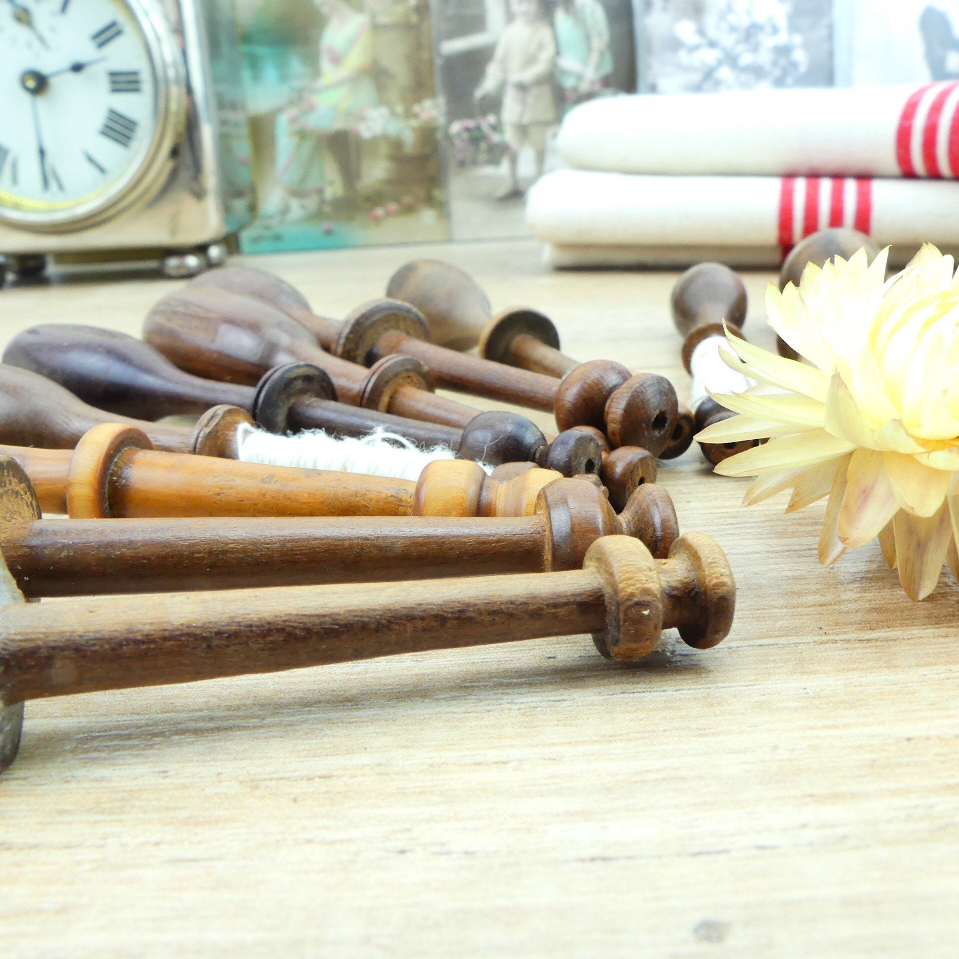 Set of Vintage French Wood Bobbins Lace Making Spools Wooden