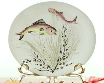 Assiette à poisson anglaise vintage de Johnson Bros, assiette ovale ancienne, assiette vintage décor de poissons, de plantes et de crustacés