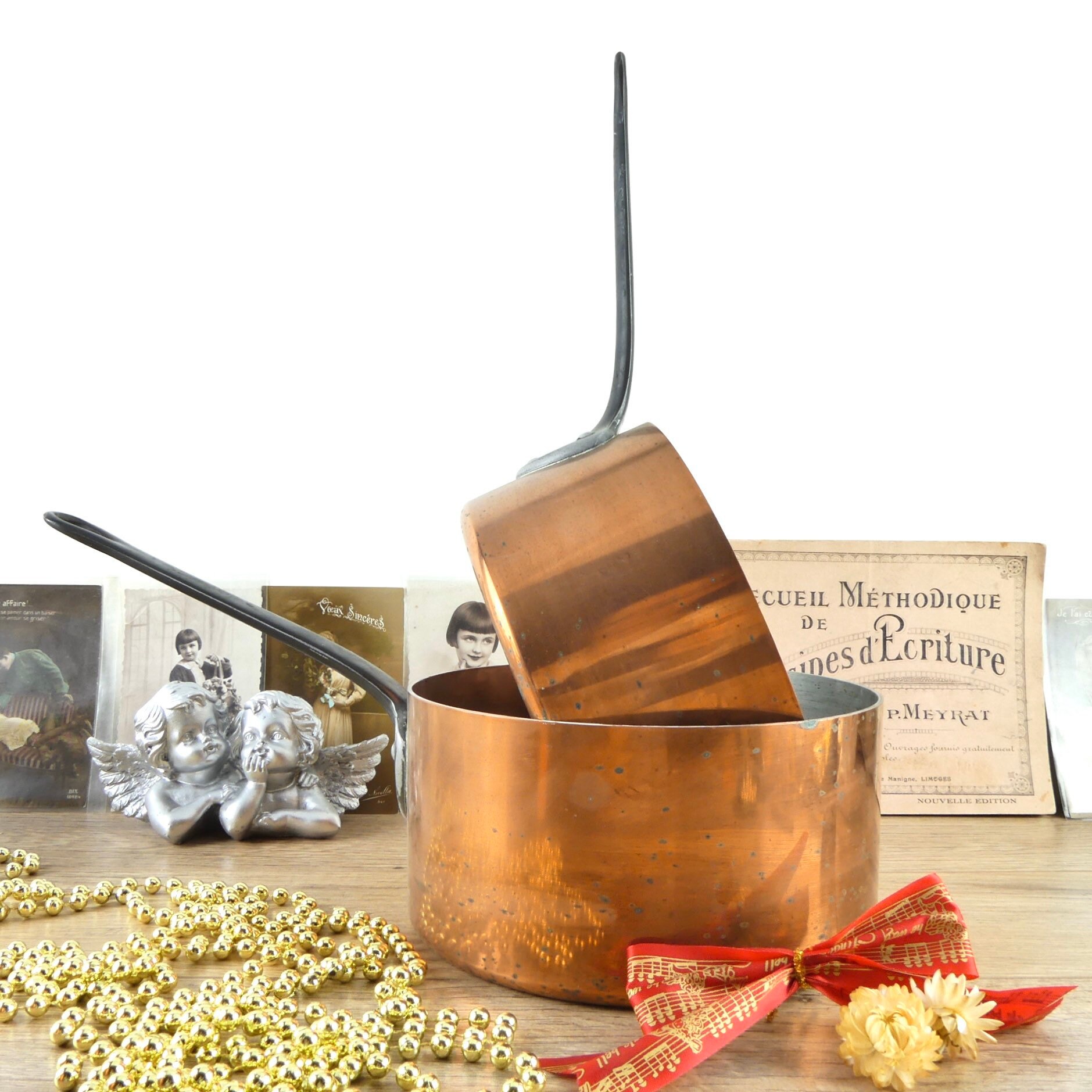 5 Tournus copper casseroles, vintage French pans set, castle pans