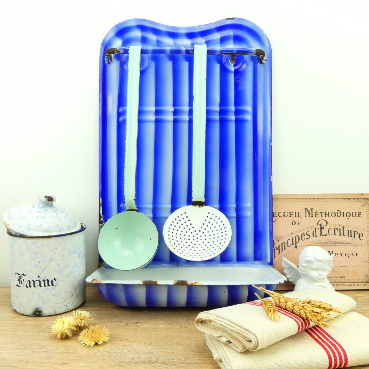 Cutlery holder Blue enamelled plate French kitchen decor, blue drainer