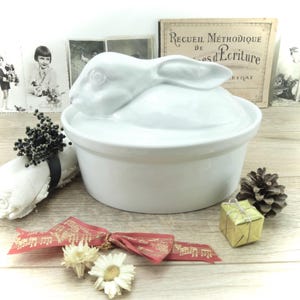 French cocotte terrine mold with rabbit decoration, French Apilco porcelain terrine mold, large vintage terrine dish, casserole