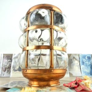 Old blown glass and copper lamp 19th century, large old glass lamp, vintage glass pendant light, ceiling lamp