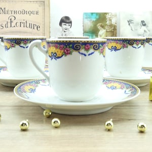 5 Limoges coffee cups decorated with bows and roses, luxurious French colorful cups, antique coffee cups, French coffee set 1920
