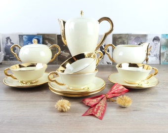 Rare Grandes tasses vanille et or, pot a lait ancien, cafetière vanille et or, set à café Magdalithe 1950 chic et luxueux