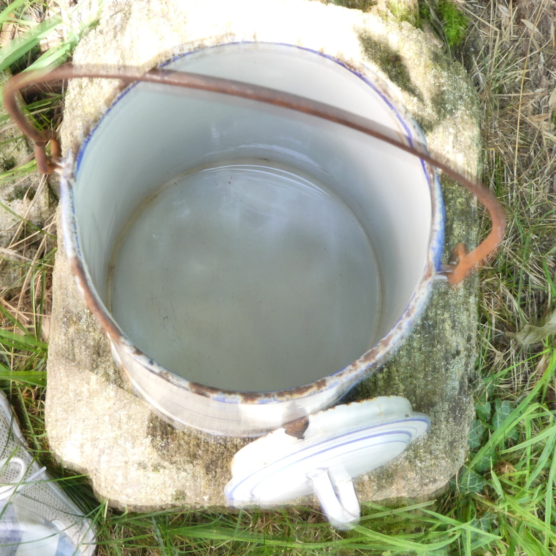 White Enameled Tin Milk Jug With Blue Lines, Small French Shabby