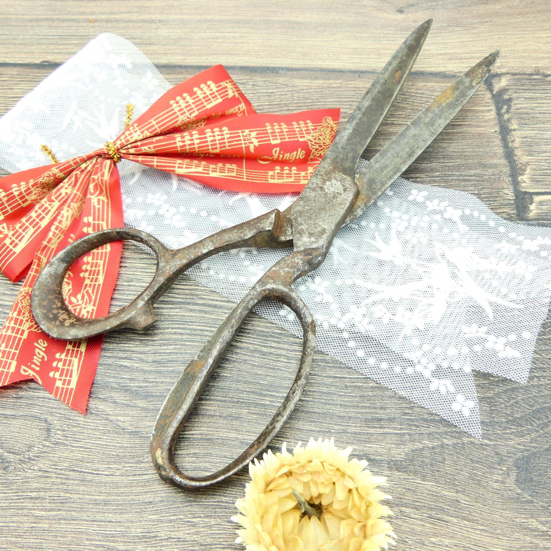 Large pair of very old seamstress scissors, large scissors shabby chic  haberdashery décor