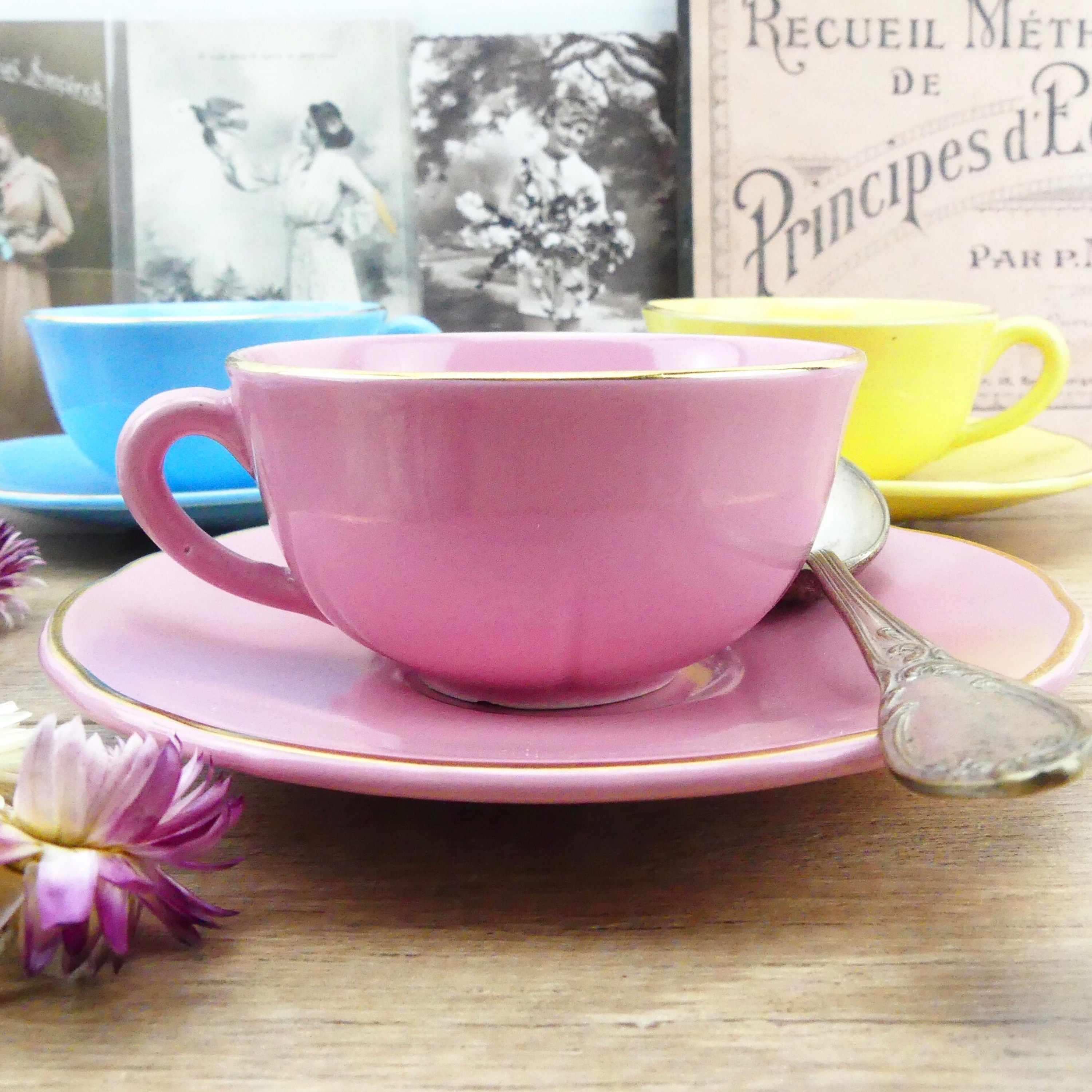 Cups French tea cups coffee cups pink cups Yellow cups blue