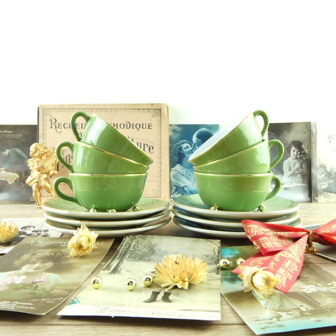 1950s Green and Gold Mugs, Vintage Green Coffee Mugs, Antique Mugs