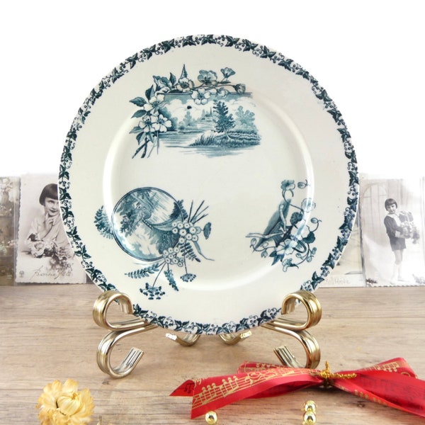 Assiette oiseaux, assiette plate Badonviller Écran 19e siècle, oiseaux bleues et fleurs bleues