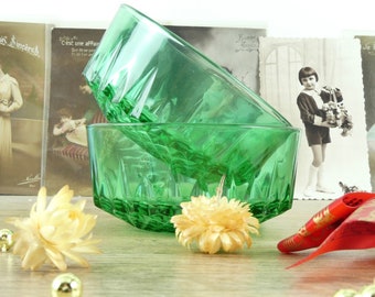 2 glass bowls, French glass cups, small emerald green bowls, French glass bowls