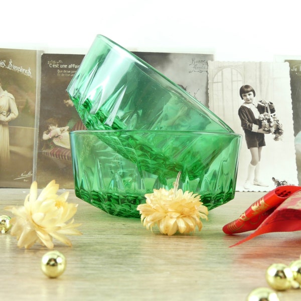 2 bols en verre, Coupelles françaises en verre, petits bols vert émeraude, bols en verre français