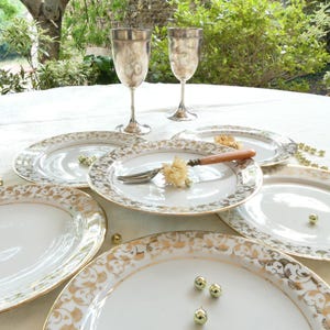 6 Limoges dessert plates with gold plant decoration, French white and gold plates, luxurious French small plates