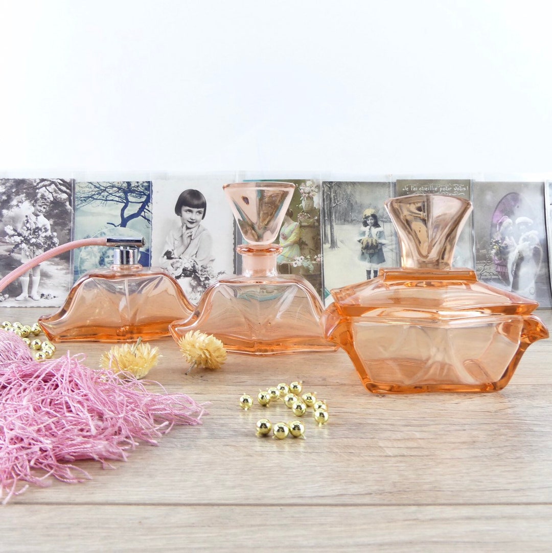 Set de salle de bain, Ensemble de parfum salle de bain verre rose 1950 décor rose, set de parfum