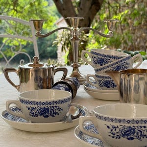 5 Boch La Louvière cups and saucers, blue flower cups, large antique Belgian cups, chic country cups