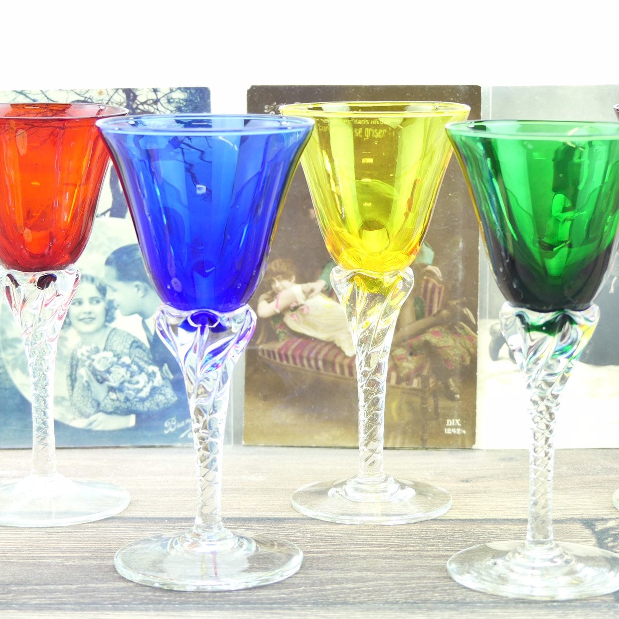 6 Colored Blown Wine Glasses, Old Large Colored Glasses