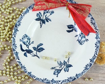 Assiette creuse française décor de roses bleues 19e siècle, assiette à soupe aux roses, assiette à salade shabby chic