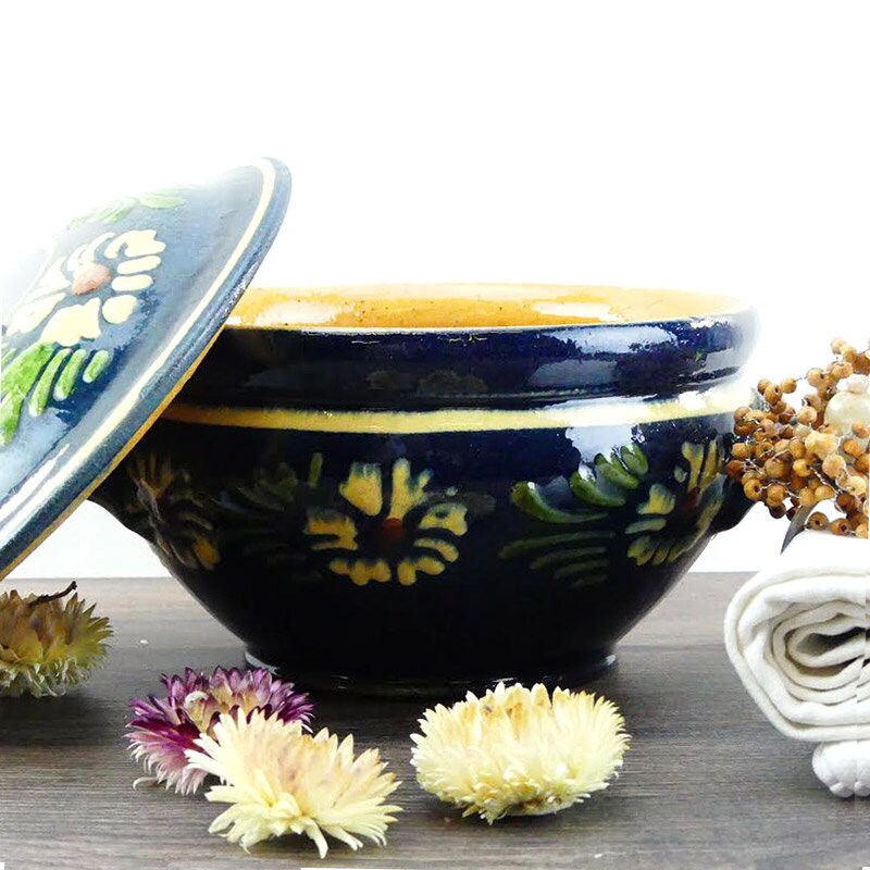 French cooking pot Ceramic cooking pot Blue Alsace Mold Antique