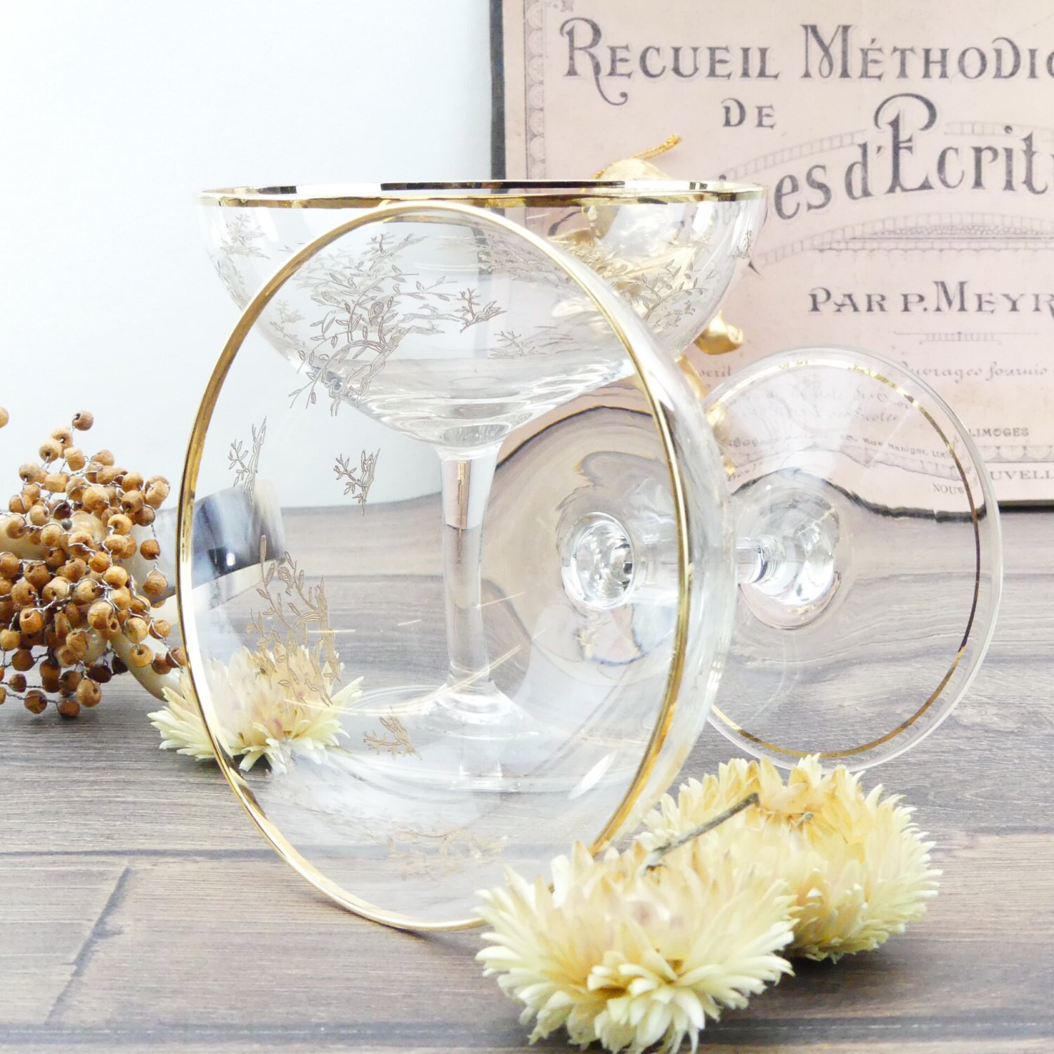 6 Coupes à champagne - Verre taillé et gravé - Art déco