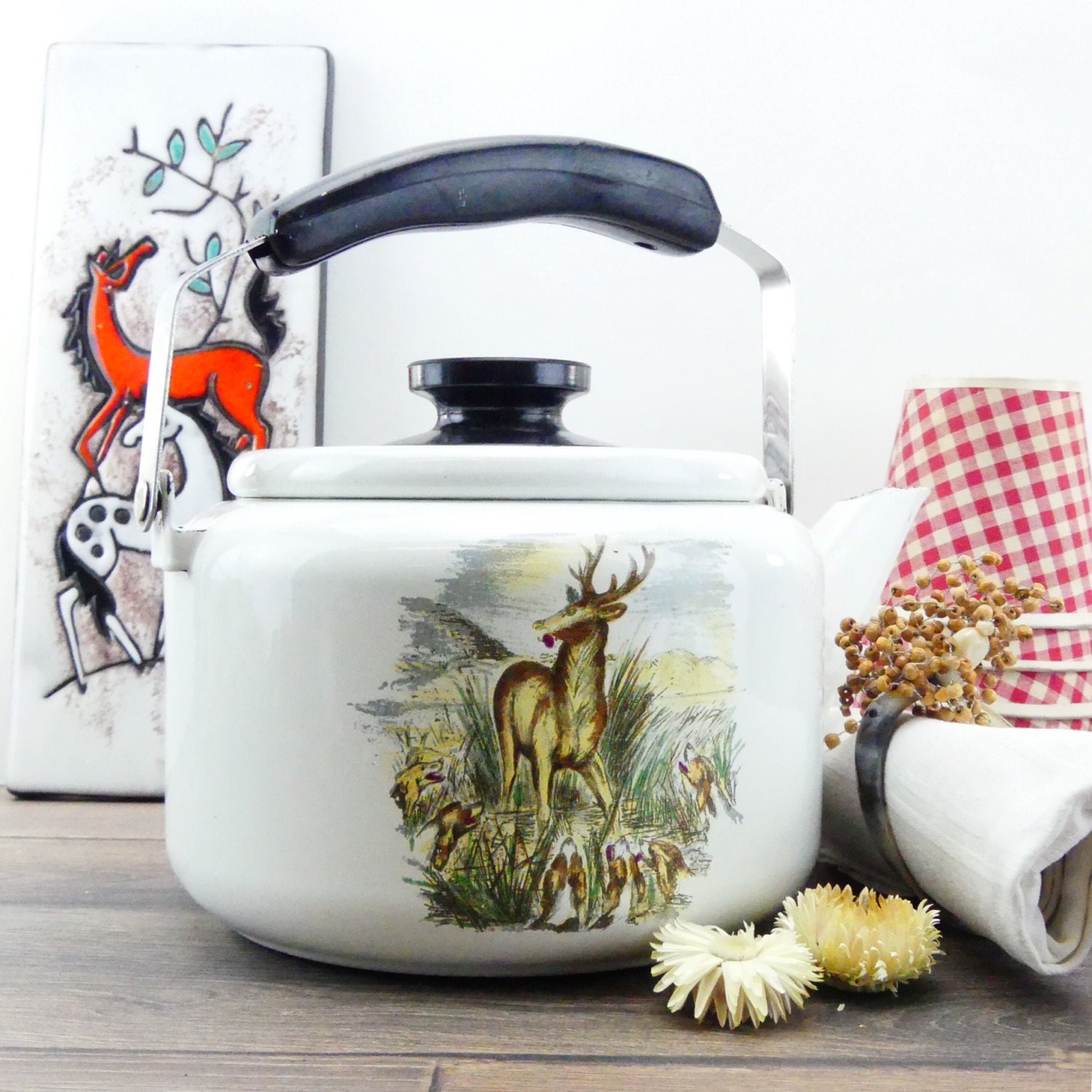 Enameled Teakettle, stove top kettle,Retro Decor Enameled