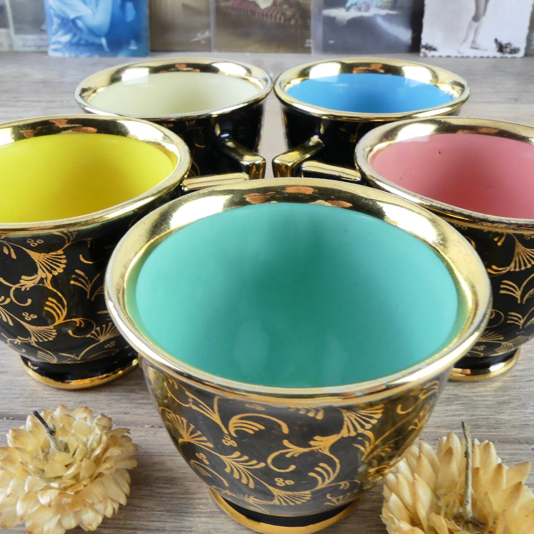 Black and gold coffee cups, 1950s cups, vintage coffee cups, old cups