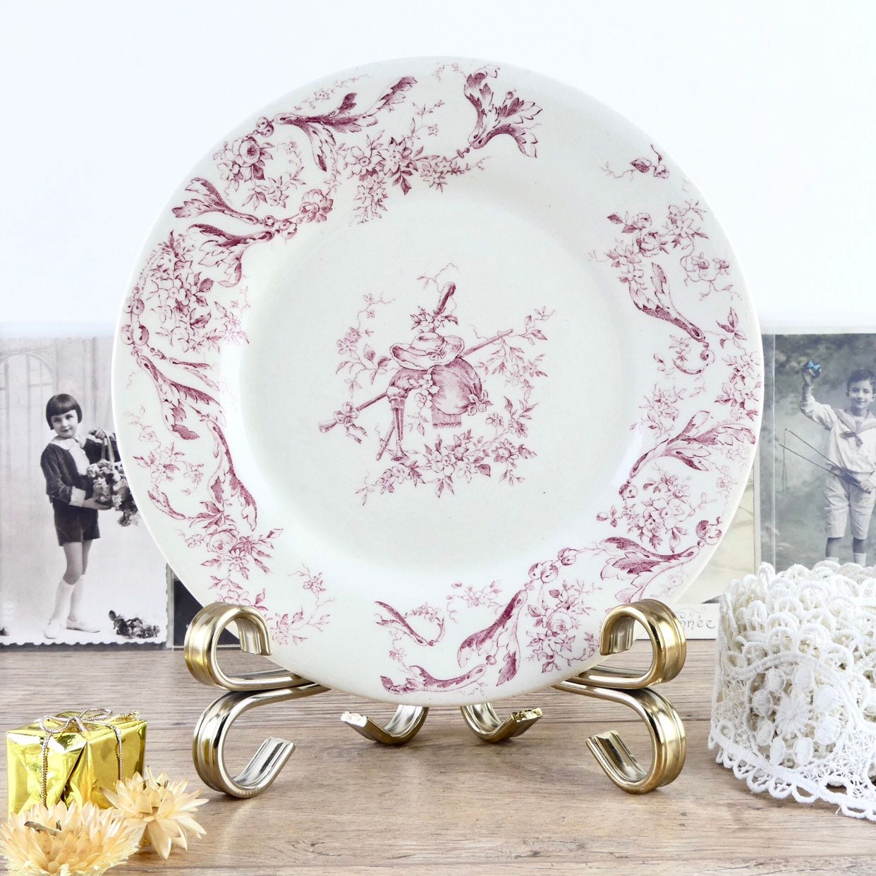 6 Gien dessert plates from 1875, small plates pink décor, French dishes
