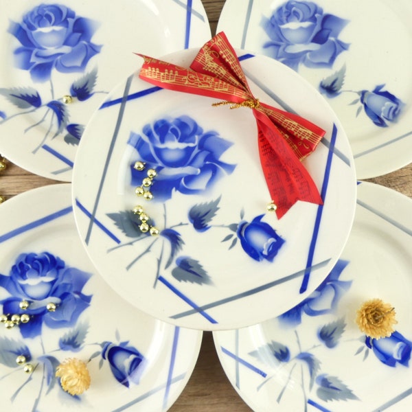 6 assiettes plates Longchamp Helena, Grand magasin Paris Printemps, vaisselle vintage de campagne, rose bleue