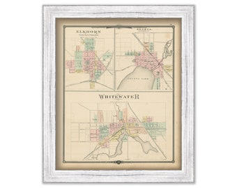 ELKHORN, GENEVA and WHITEWATER, Wisconsin 1878 Map, Replica or Genuine Original