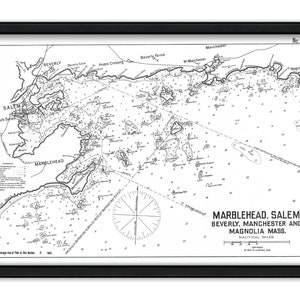 May include: A black and white nautical chart of the coast of Massachusetts, including the towns of Marblehead, Salem, Beverly, Manchester, and Magnolia. The chart shows the coastline, islands, and waterways, with depth soundings and other navigational information. The chart is titled "Marblehead, Salem, Beverly, Manchester and Magnolia Mass." and includes a compass rose and a scale bar.