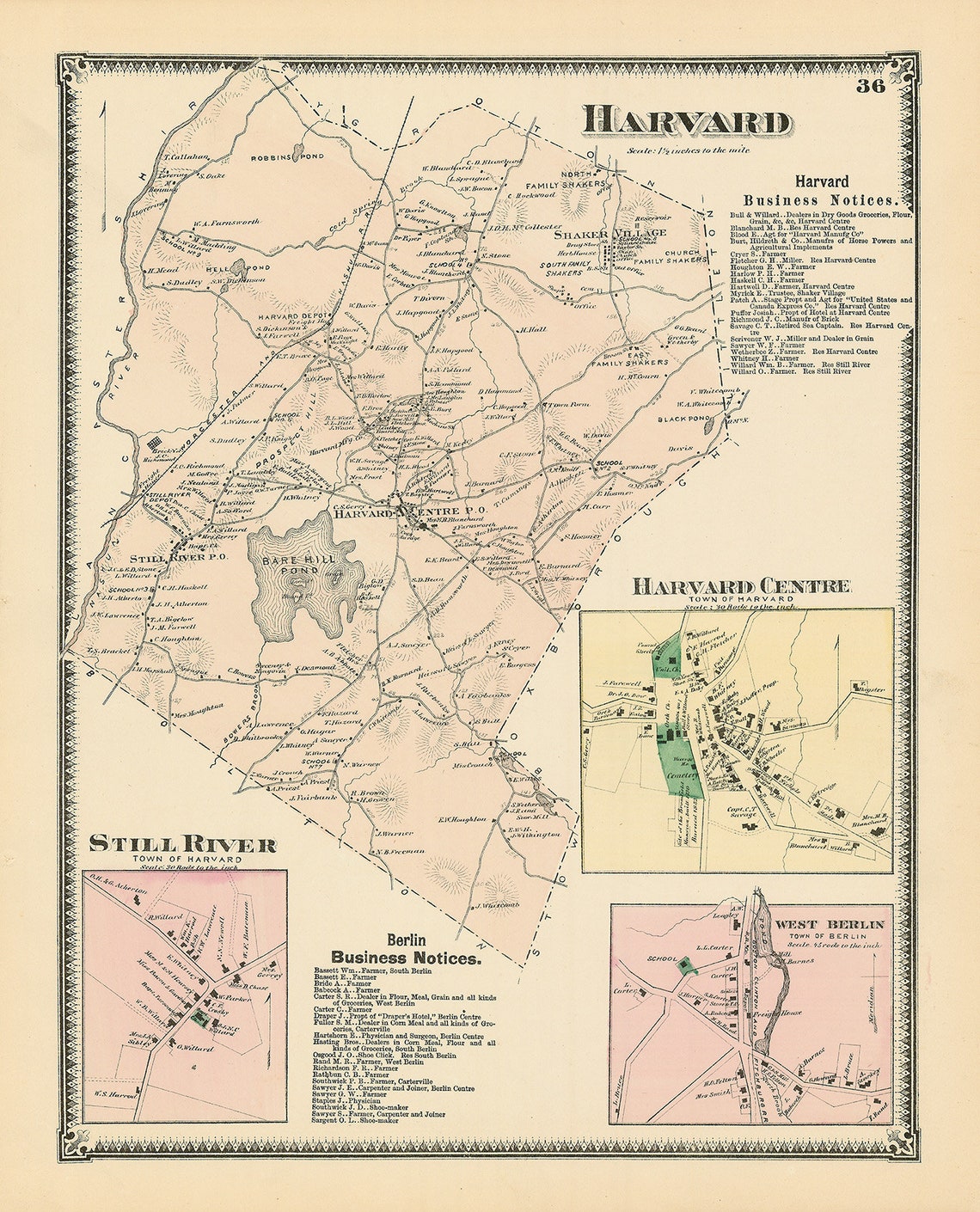Town of HARVARD Massachusetts 1875 Map Etsy