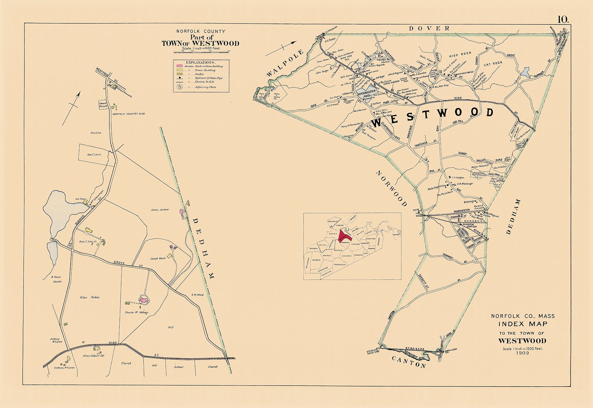 WESTWOOD, Massachusetts 1909 Map Replica or GENUINE ORIGINAL