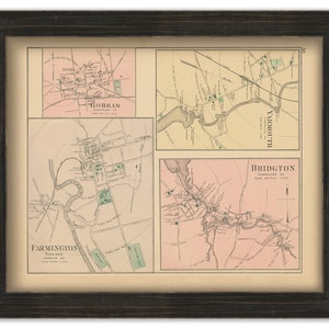 May include: A vintage map print featuring four maps of towns in Maine: Gorham, Yarmouth, Farmington, and Bridgton. The maps are printed in black and white with pink and green accents. The maps are framed in a dark wood frame.