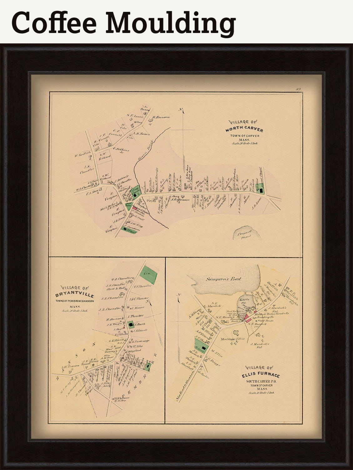 TOWN of CARVER, Massachusetts Map 1879-Colored Reproduction