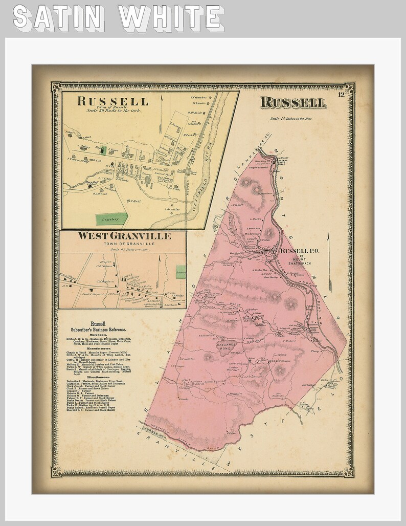 Town of RUSSELL Massachusetts 1870 Map Etsy