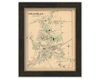 Village of FRANKLIN, Massachusetts 1876 Map - Replica or GENUINE ORIGINAL