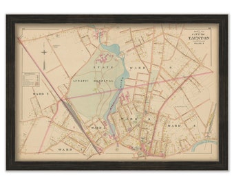 TAUNTON, Massachusetts 1895 Map, Plate 3 - State Lunatic Hospital - Replica or GENUINE Original