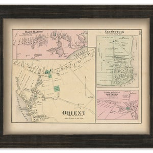 May include: An antique map of Orient, New York, showing the towns of East Marion, New Suffolk, and the village adjoining Southold. The map is printed on paper and has a light brown background with pink and green accents.