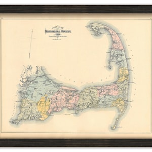 May include: A vintage map of Barnstable County, Massachusetts, from 1890. The map is printed in black, white, and shades of pink, yellow, blue, and green. The map shows the towns and roads of the county, including the Cape Cod peninsula.