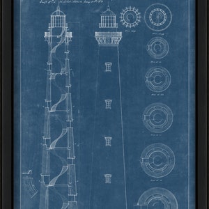 May include: A blueprint drawing of a lighthouse with a spiral staircase. The drawing is on a blue background with white lines. The text "Project for a Brewlight house at Hatteras, Submitted with letter in d&atilde;: N. J. Harman, Eng't. 5-44-1622" is at the bottom of the drawing.