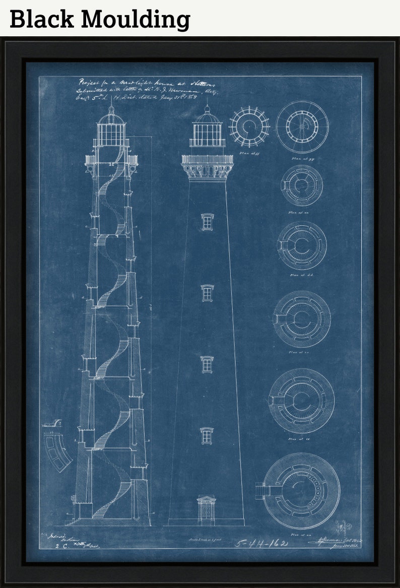 May include: A blueprint drawing of a lighthouse with a spiral staircase. The drawing is on a blue background with white lines. The text "Project for a Brewlight house at Hatteras, Submitted with letter in d&atilde;: N. J. Harman, Eng't. 5-44-1622" is at the bottom of the drawing.