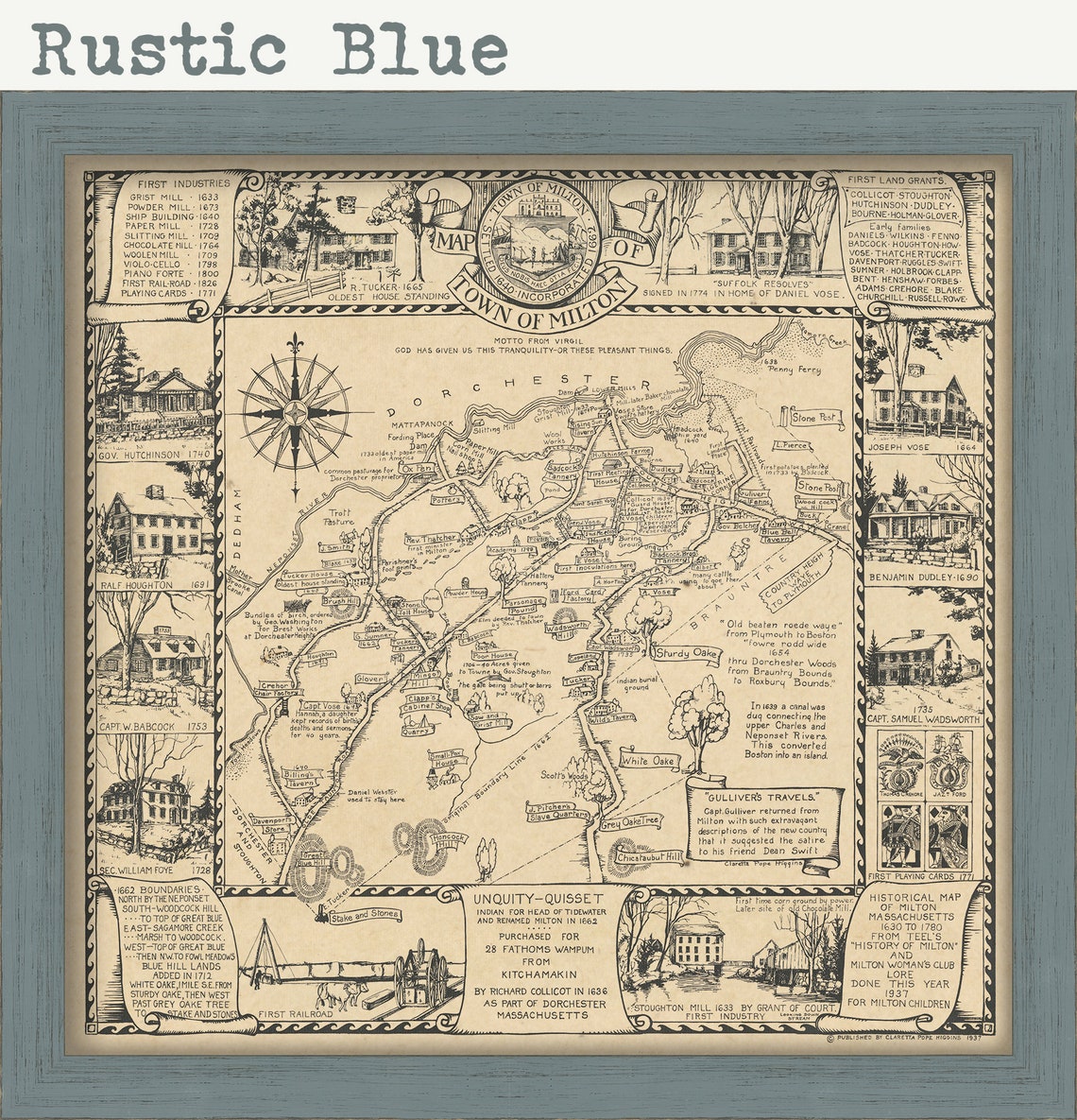 MILTON Massachusetts 1937 Historical/Pictorial Map  Etsy