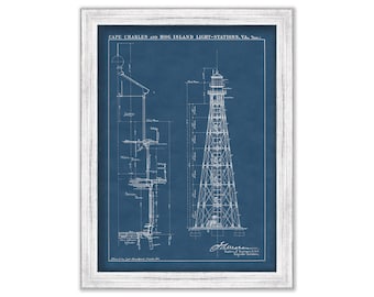 CAPE CHARLES LIGHTHOUSE, Chesapeake Bay, Virginia  -  Blueprint Drawing and Plan of the Lighthouse as it was in 1893.