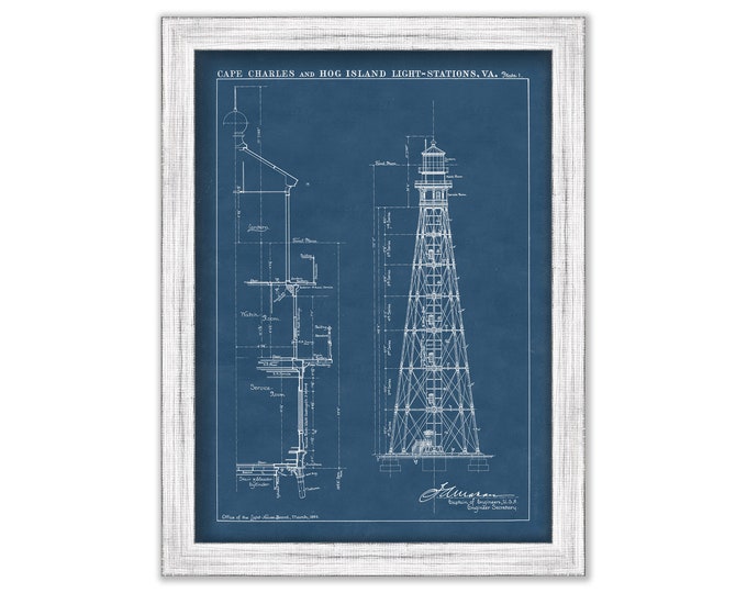 CAPE CHARLES LIGHTHOUSE, Chesapeake Bay, Virginia  -  Blueprint Drawing and Plan of the Lighthouse as it was in 1893.