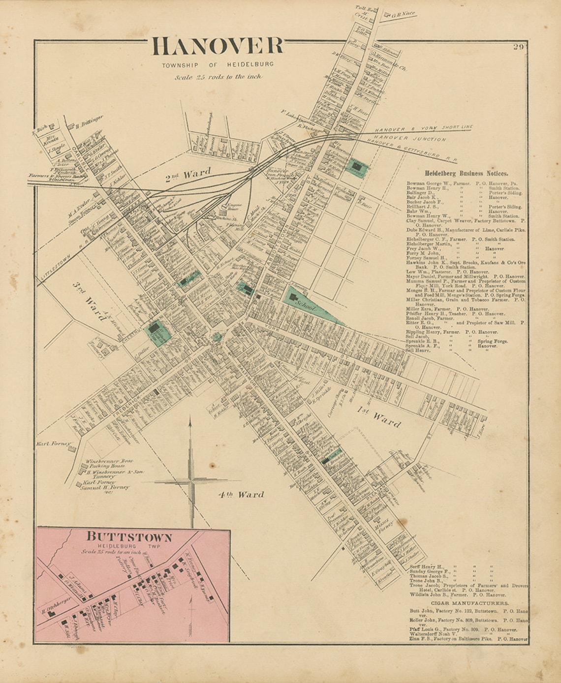 Village of HANOVER Pennsylvania 1876 Map Replica or Genuine Etsy