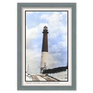 May include: A vintage postcard featuring a black and white lighthouse with a red stripe against a cloudy blue sky. The lighthouse is situated on a snowy path leading to a wooden boardwalk. The text on the postcard reads "Barnegat Lighthouse, Long Beach Island, NJ circa 1920."