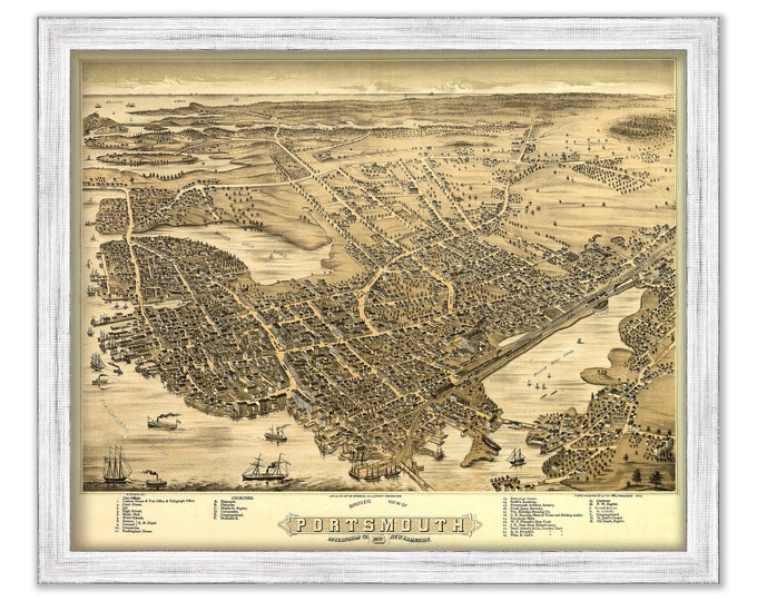 PORTSMOUTH, New Hampshire 1877 Bird's Eye View Map