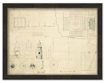 NEWPORT HARBOR LIGHTHOUSE, aka Goat Island Lighthouse, Newport, Rhode Island -  Drawing and Plan of the Lighthouse as it was in 1835.