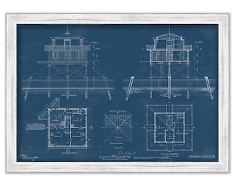 HAWKINS POINT LIGHTHOUSE, Maryland  - Blueprint Drawing and Plan of the Lighthouse as it was in 1883