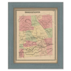 May include: An antique map of Bridgewater, Massachusetts, printed in black and white with colored districts. The map shows roads, rivers, and towns. The title "Bridgewater" is printed at the top of the map.