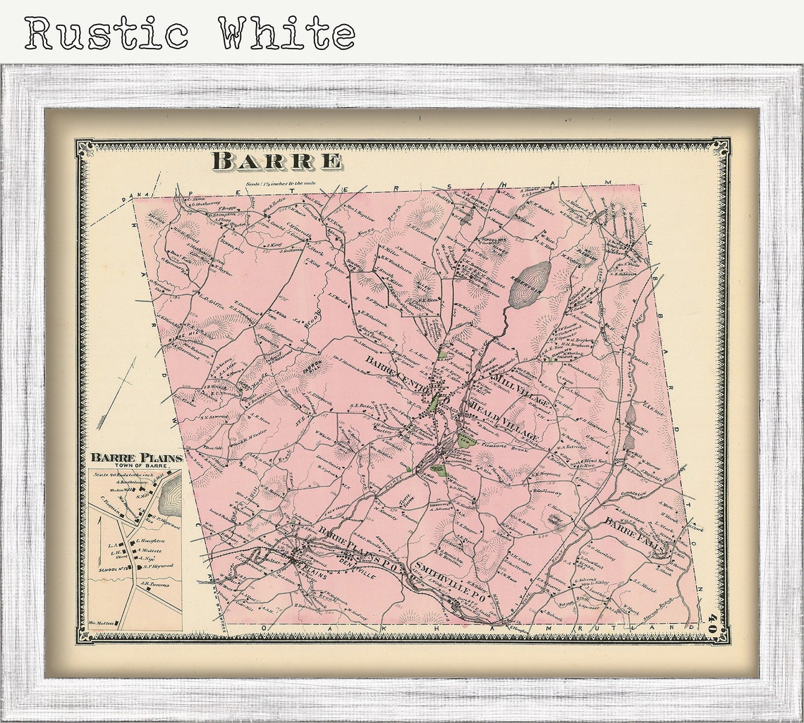 Town of BARRE Massachusetts 1870 Map Etsy
